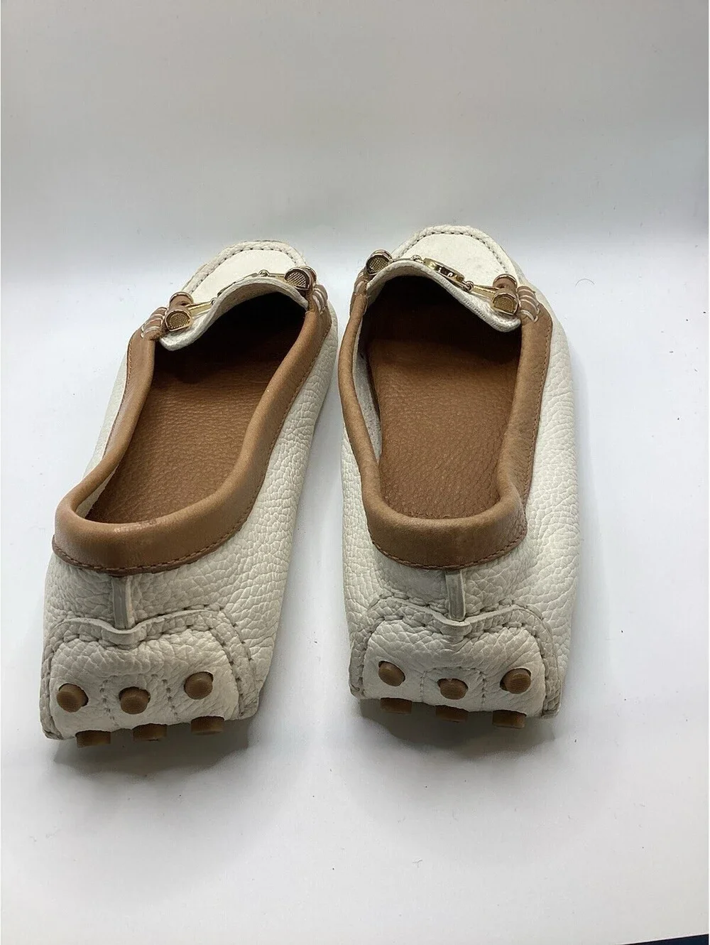 Tory Burch White Tan Pebbled Leather Logo Driving Loafers Flats 8.5M 4720